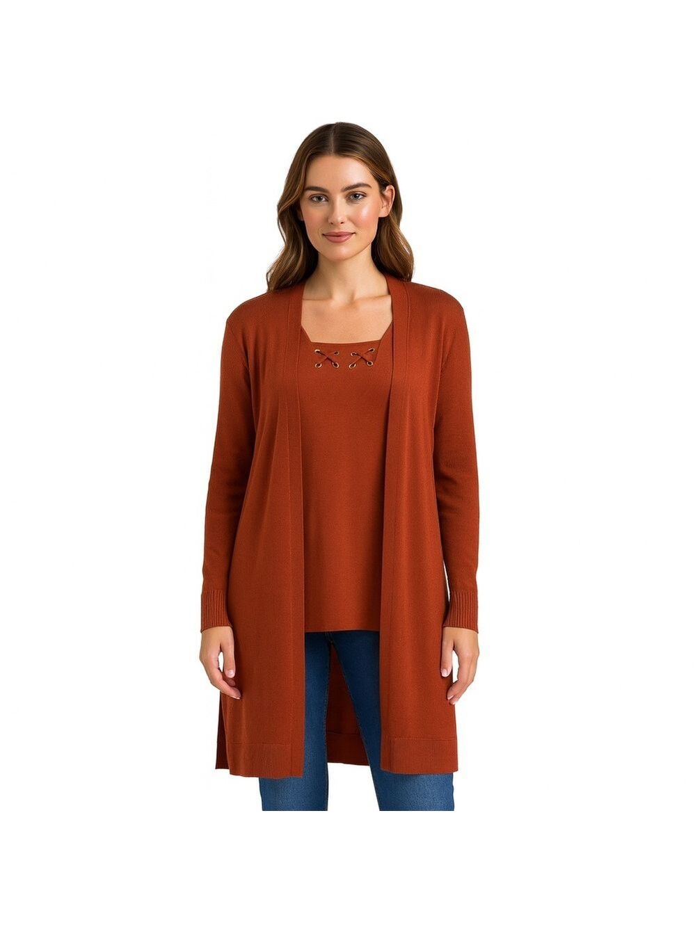 Love Scarlett Burnt Orange Knit Rivets Biker Long Sleeved Open Front Car…